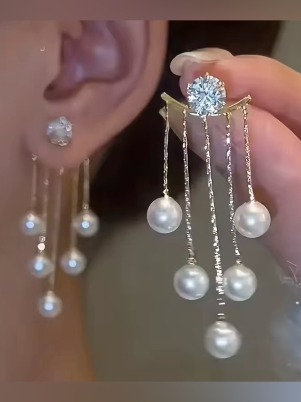 Pearl Drop Dangle Earrings with Cubic Zirconia Stud - Gold